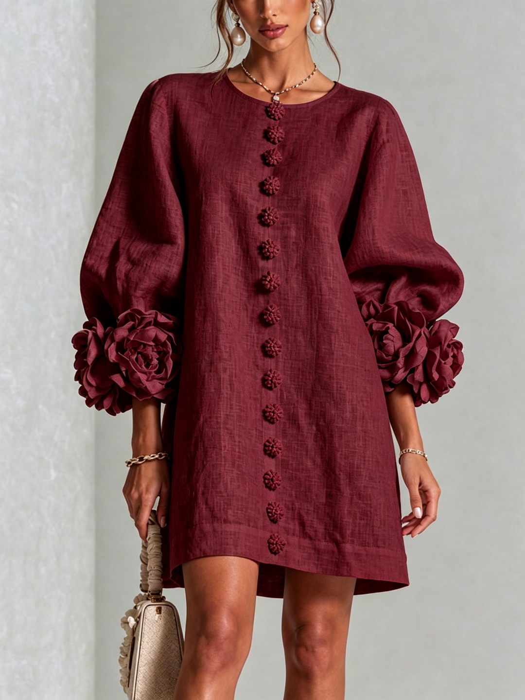 Teresa – Floral Cuff Button-Front Mini Dress