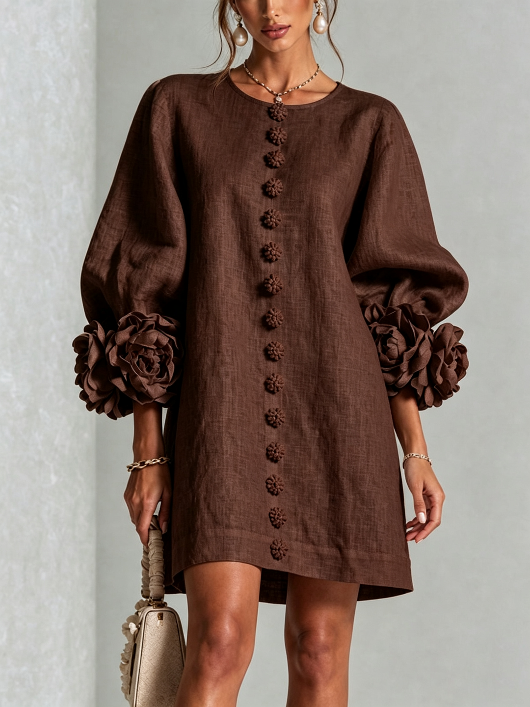 Teresa – Floral Cuff Button-Front Mini Dress