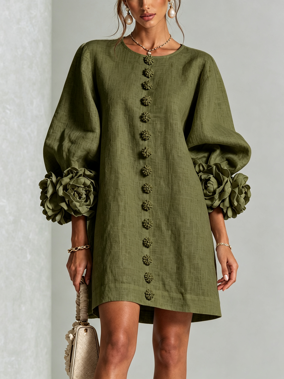 Teresa – Floral Cuff Button-Front Mini Dress