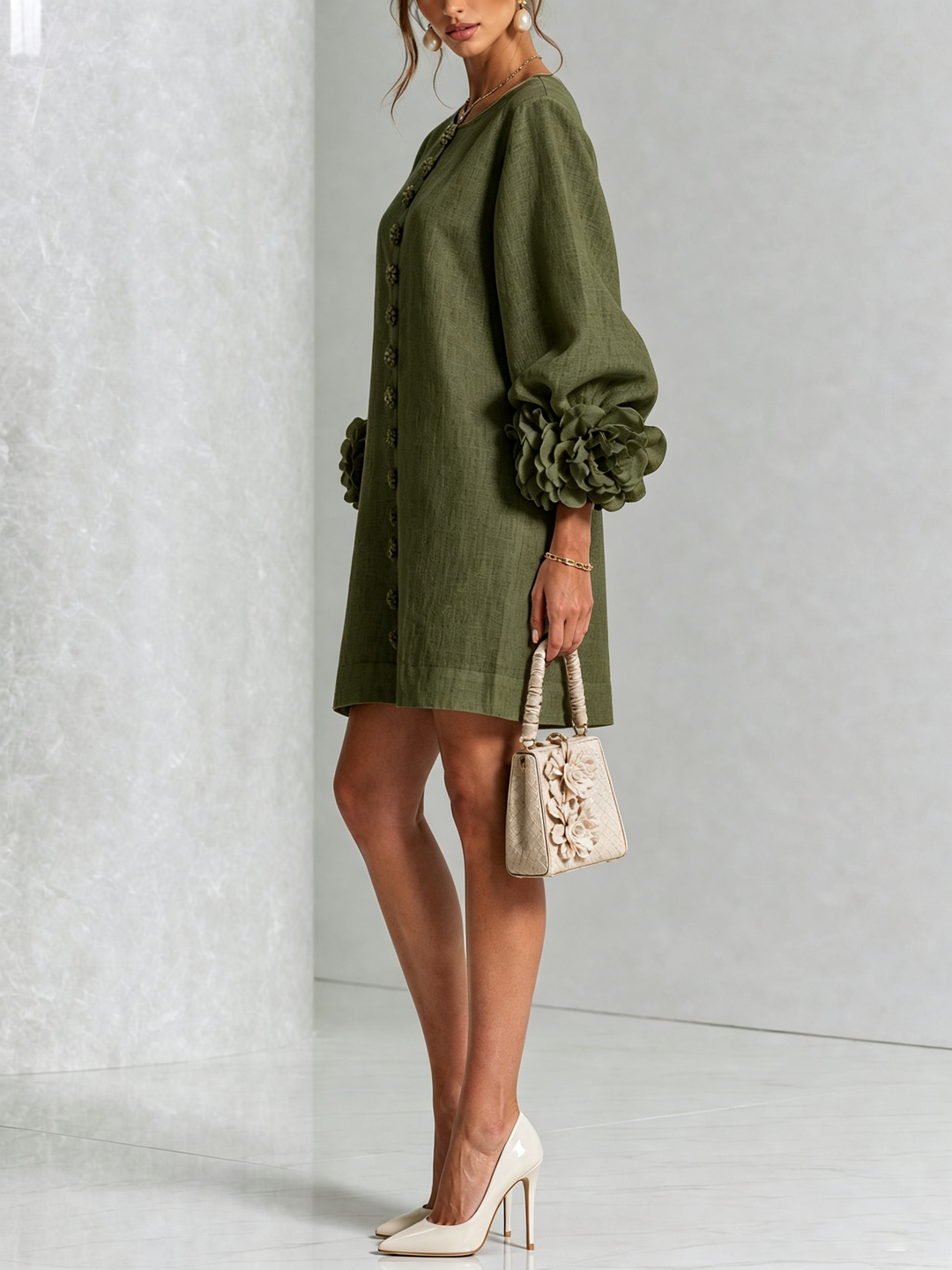 Joanne – Floral Cuff Button-Front Mini Dress