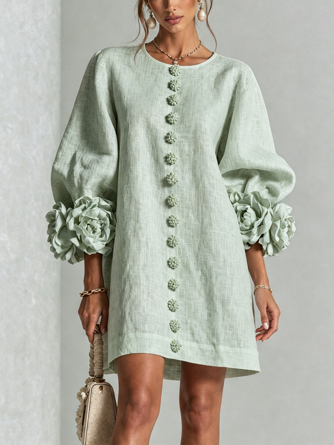 Teresa – Floral Cuff Button-Front Mini Dress