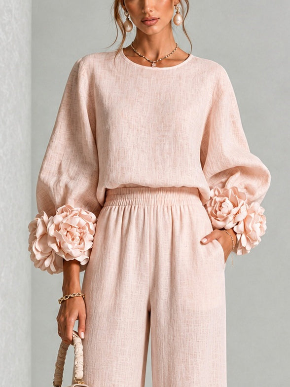 Carol – Floral Cuff Wide-Leg Two-Piece Set