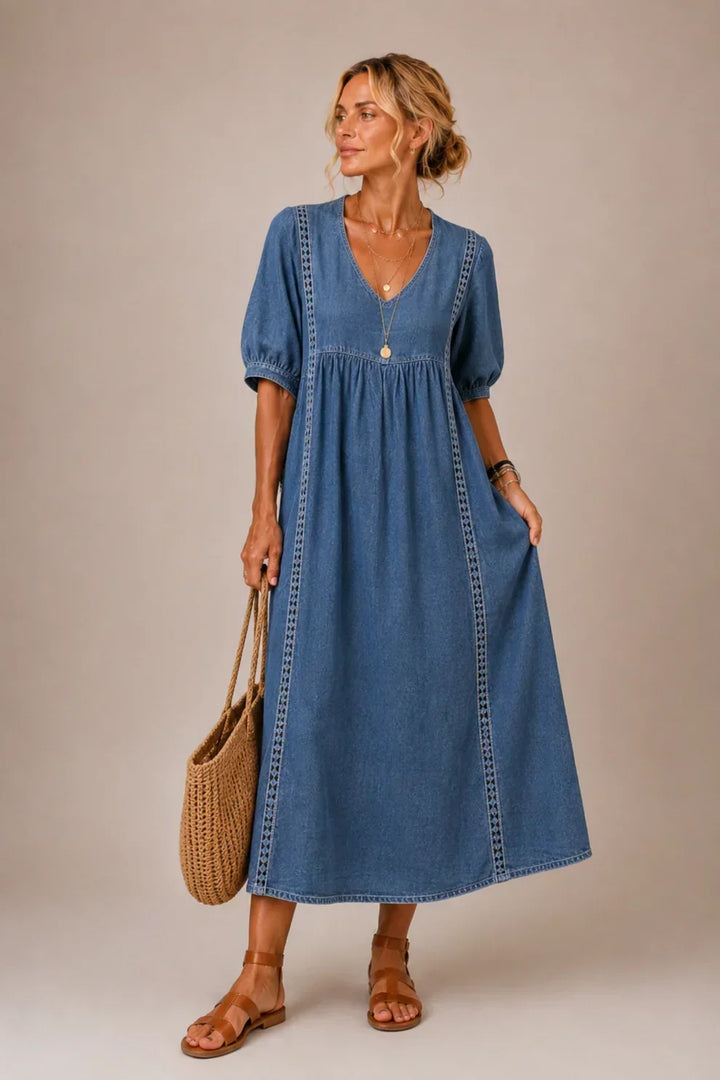 Karen – Linen-Look Lace-Trim Midi Dress