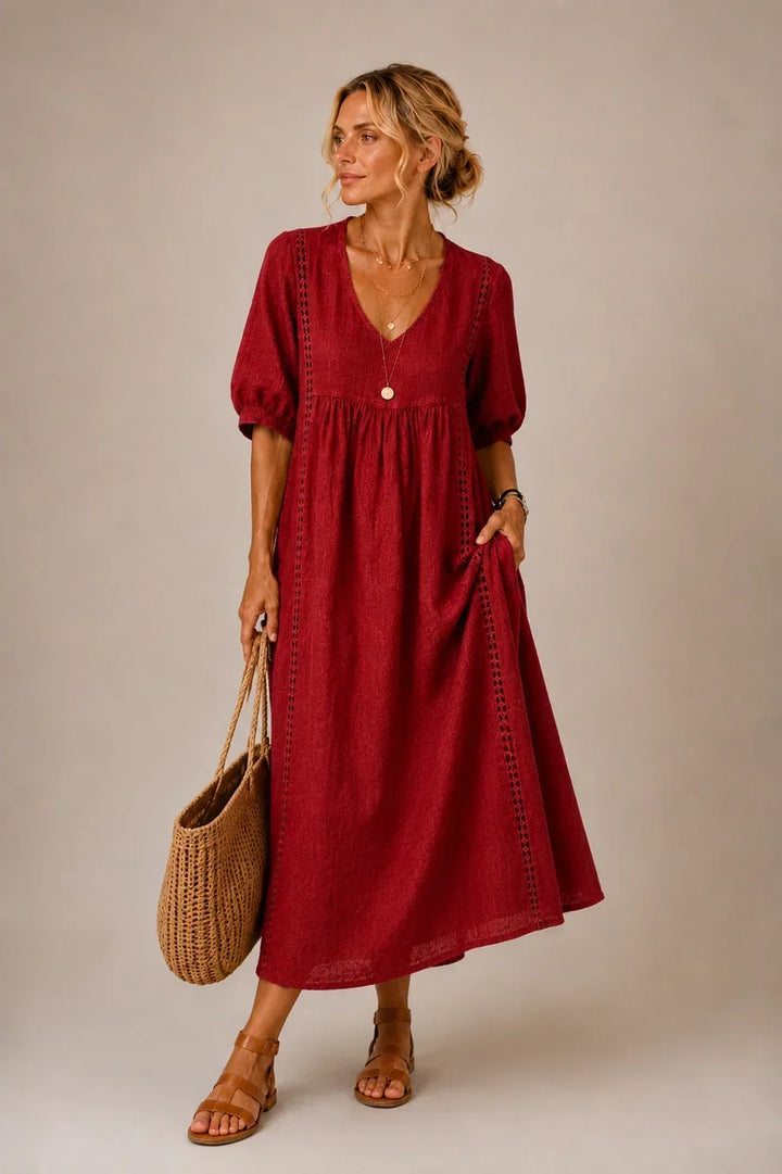 Karen – Linen-Look Lace-Trim Midi Dress