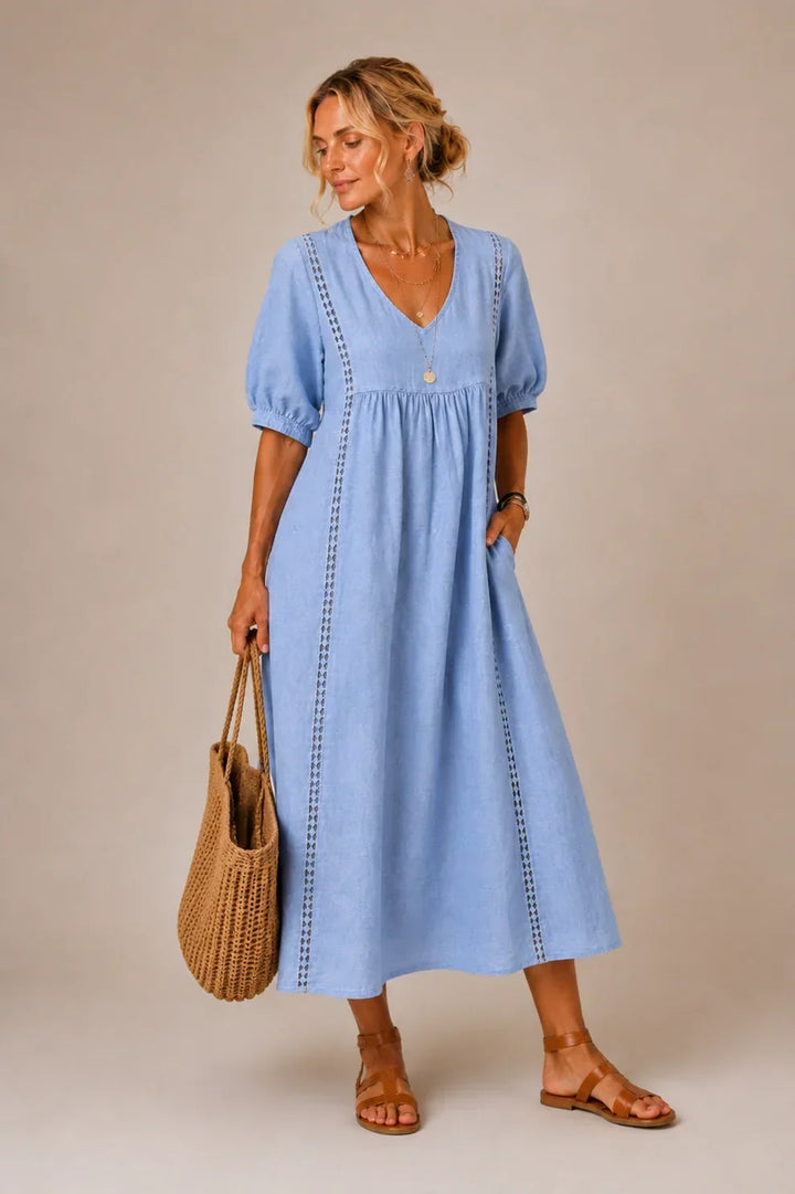 Karen – Linen-Look Lace-Trim Midi Dress