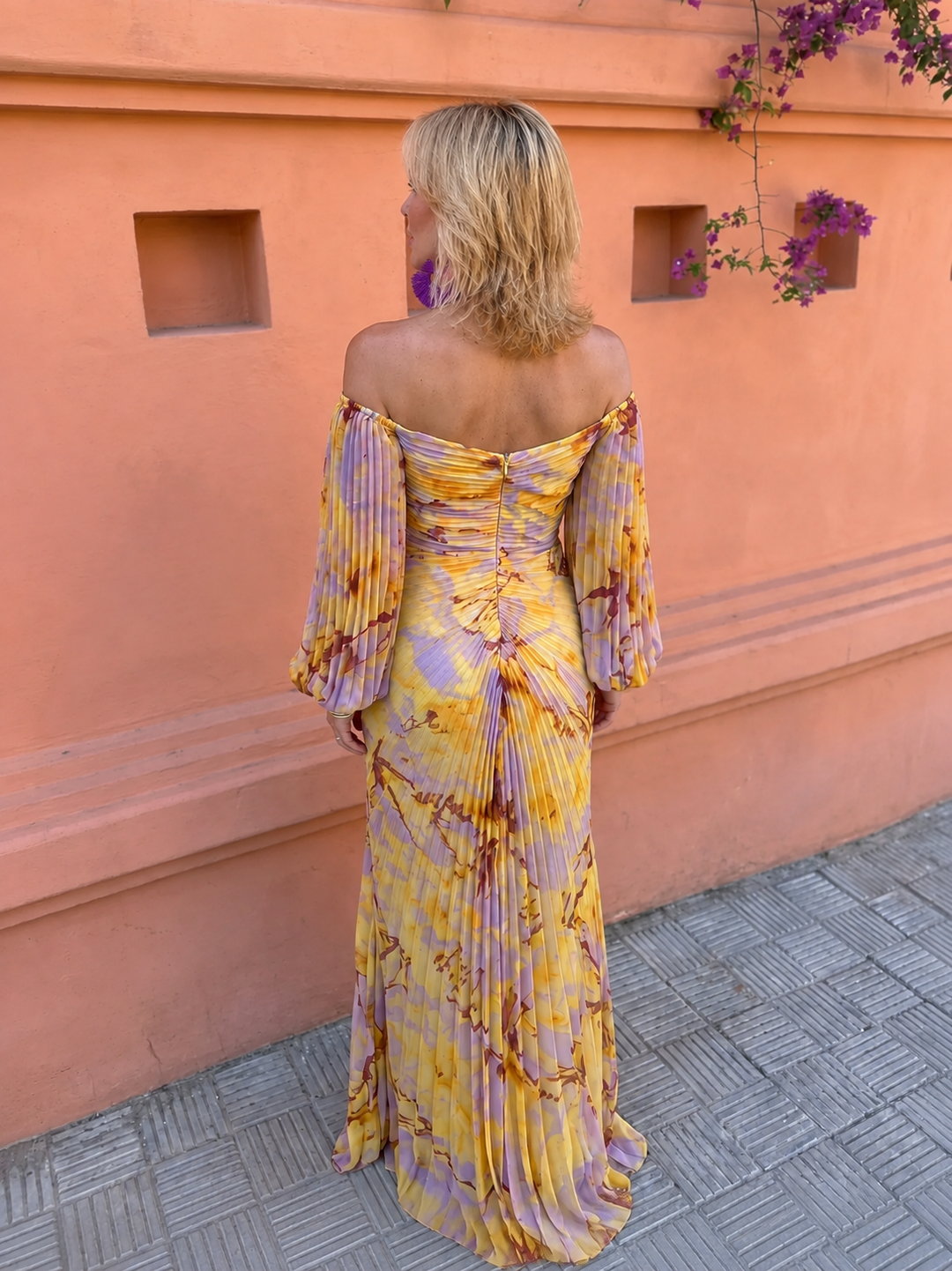 Patricia – Off-Shoulder Pleated Gown with Jewel Detail
