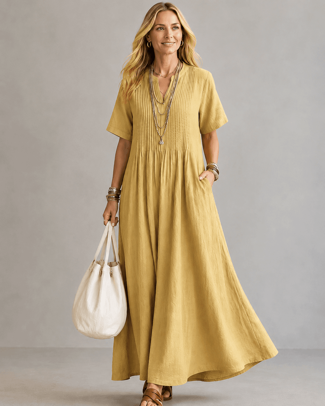 Shannon – Pleated V-Neck Maxi Dress