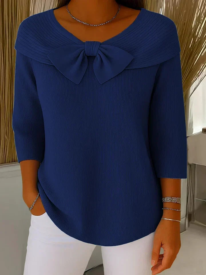 Elaine – Fitted Ribbed Knit Top with Bow Detail