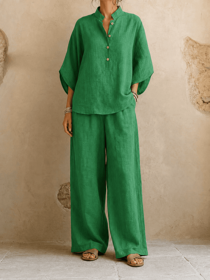 Lynne – Linen-Look Batwing Top and Wide-Leg Pants Set
