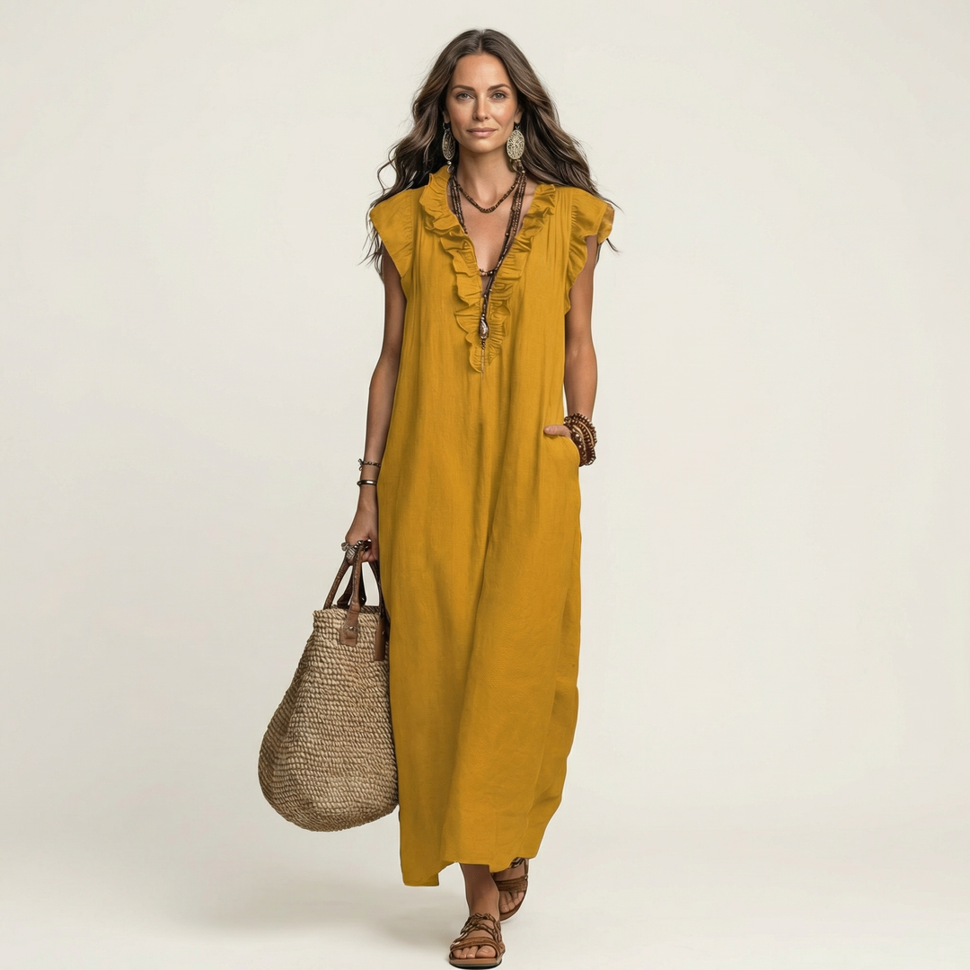 Sue – Ruffle V-Neck Relaxed Maxi Dress