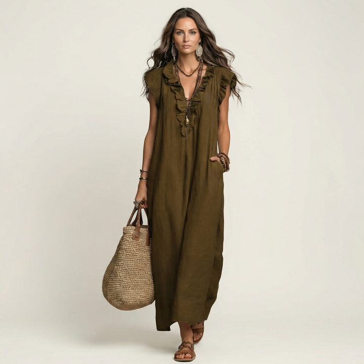 Sue – Ruffle V-Neck Relaxed Maxi Dress