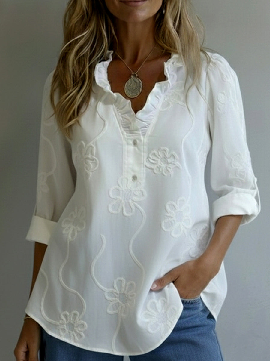 Wendy – Embroidered Ruffle Neck Blouse