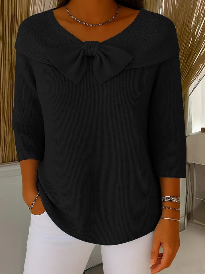 Elaine – Fitted Ribbed Knit Top with Bow Detail