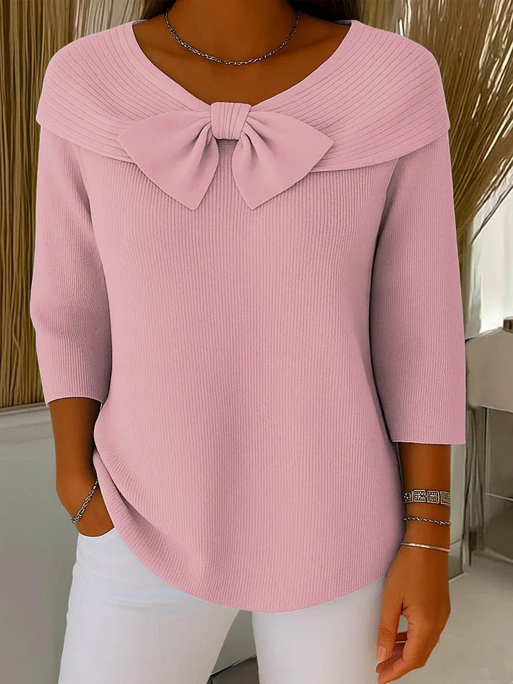 Elaine – Fitted Ribbed Knit Top with Bow Detail