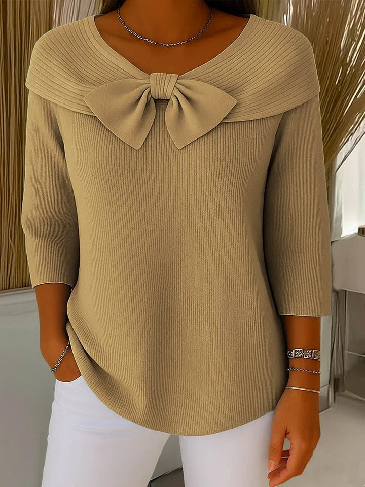 Elaine – Fitted Ribbed Knit Top with Bow Detail