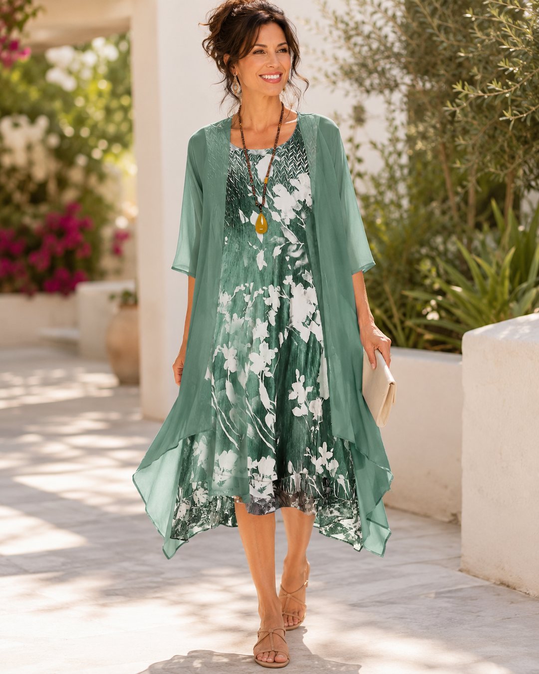 Amanda – Floral Midi Dress with Chiffon Overlay