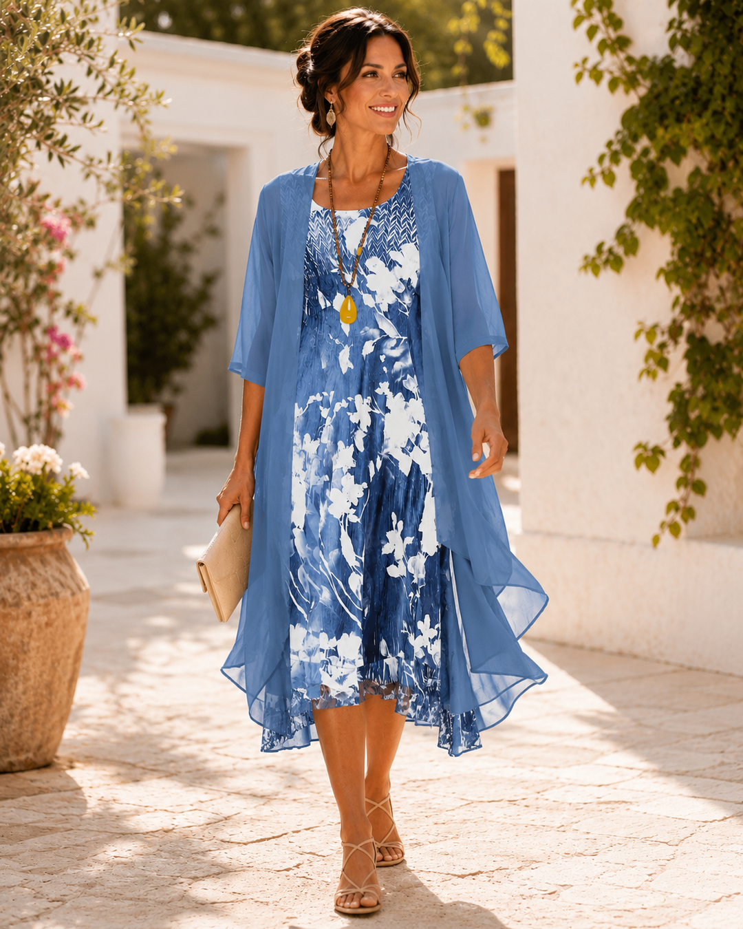 Amanda – Floral Midi Dress with Chiffon Overlay