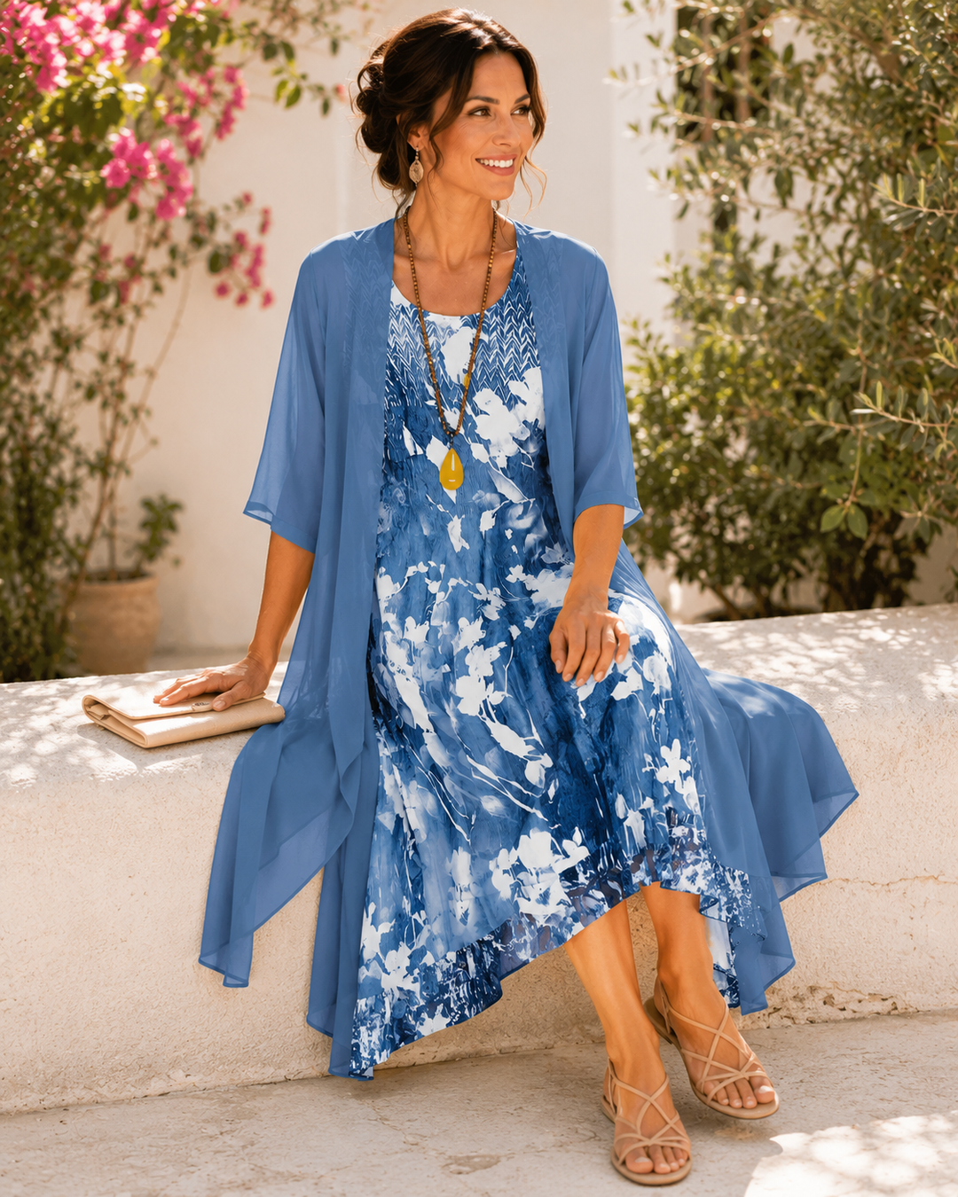 Amanda – Floral Midi Dress with Chiffon Overlay