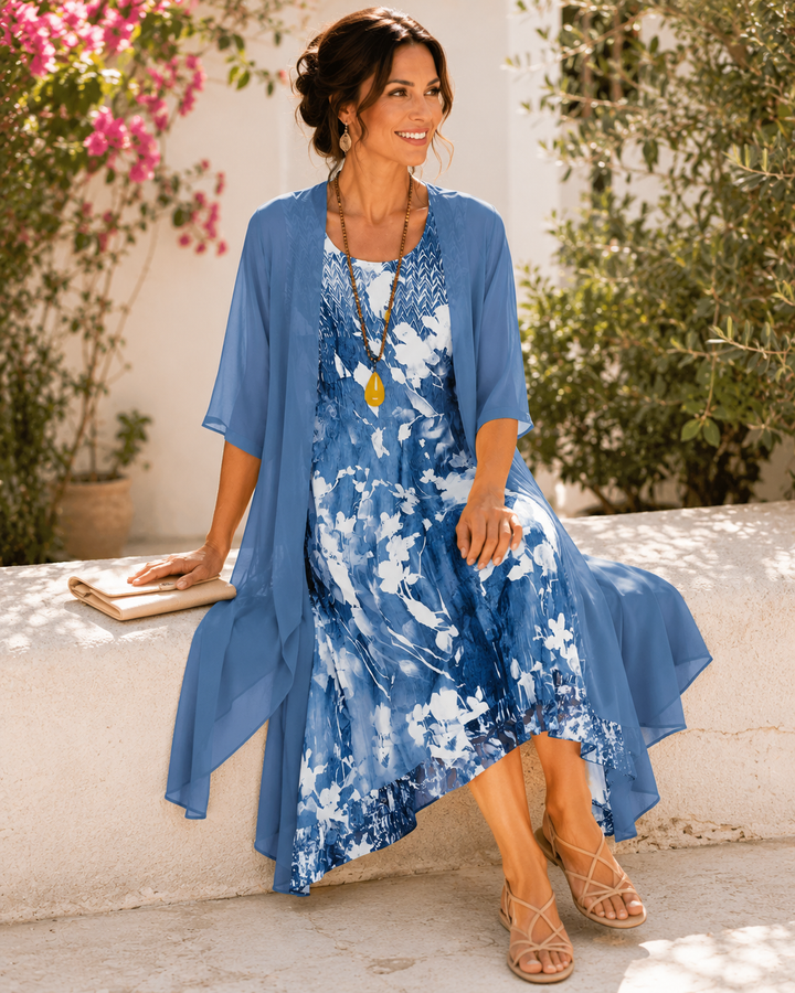 Amanda – Floral Midi Dress with Chiffon Overlay