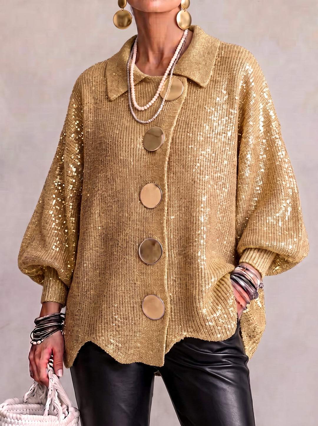 Jody – Oversized Collared Cardigan with Gold Buttons