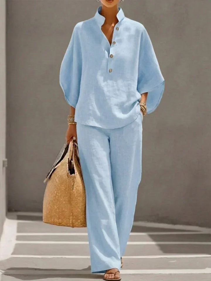 Dolores – Linen-Look Batwing Top and Wide Pants Set