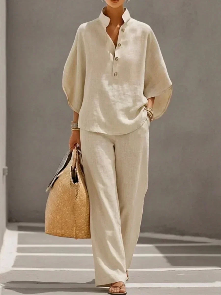 Dolores – Linen-Look Batwing Top and Wide Pants Set