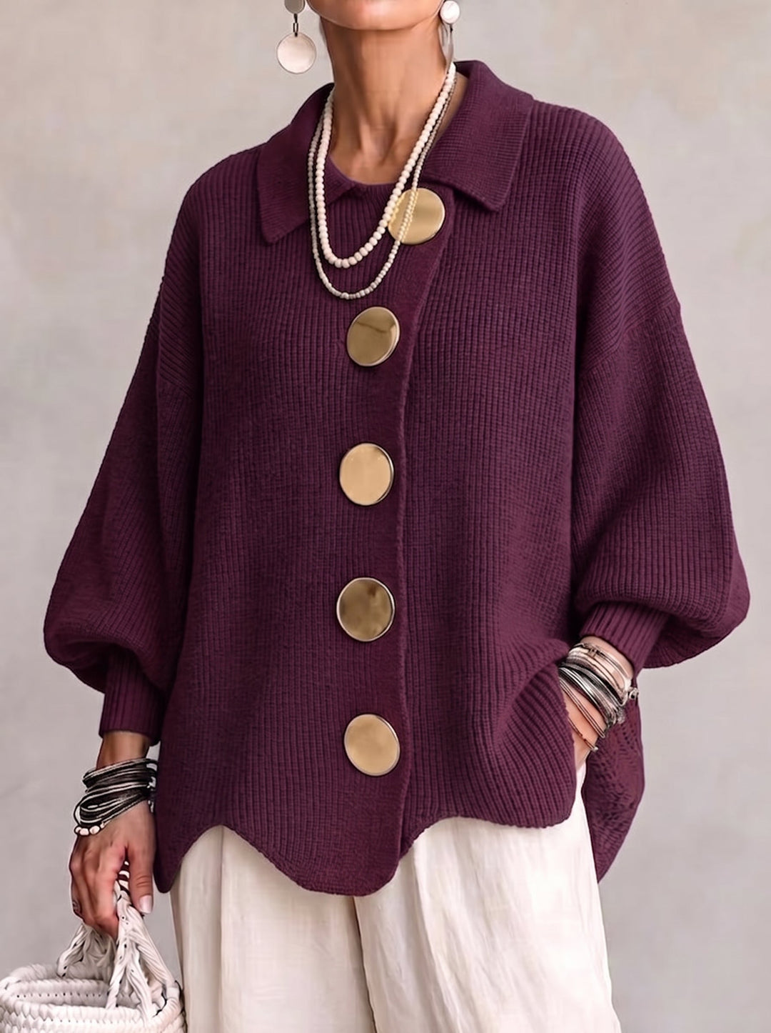 Jody – Oversized Collared Cardigan with Gold Buttons