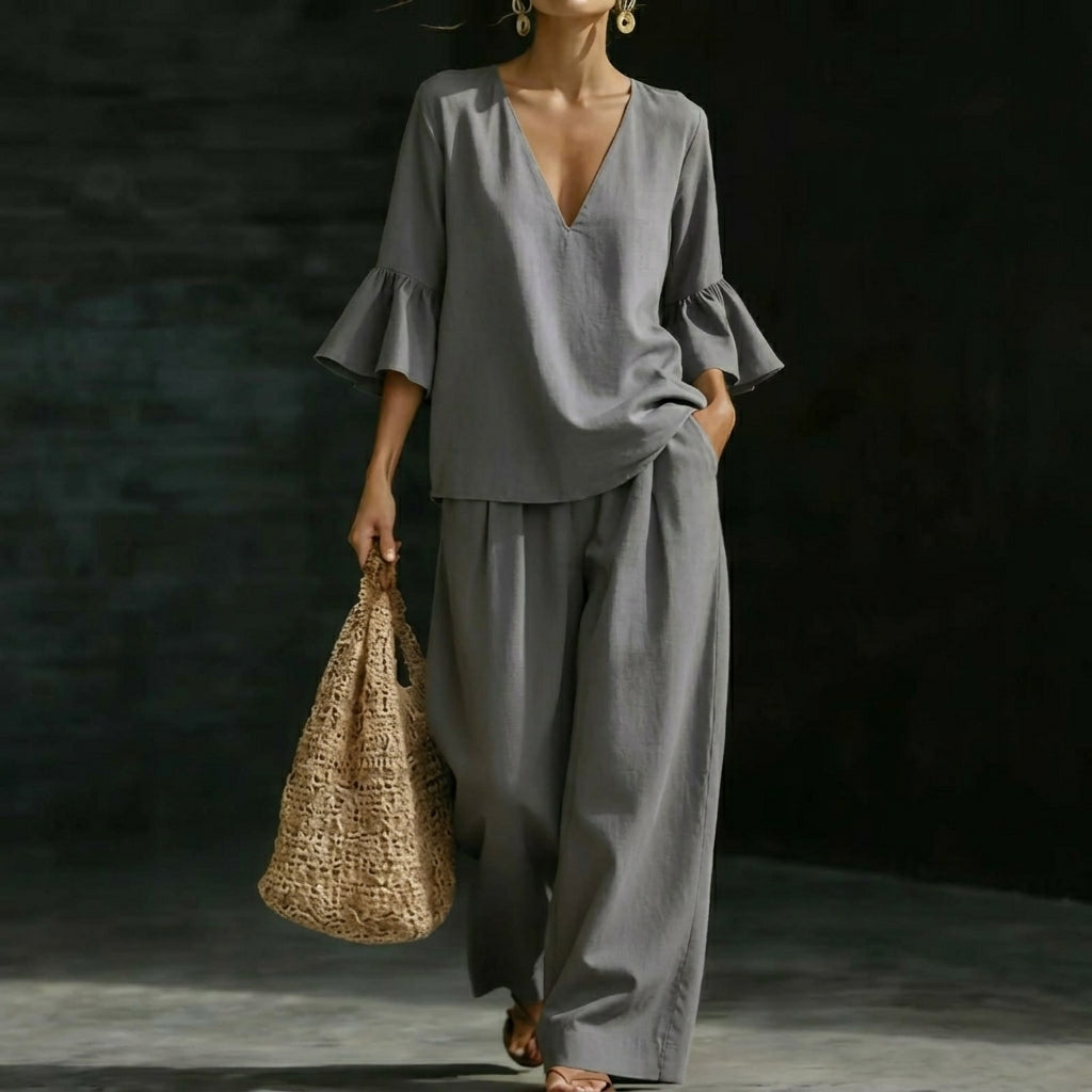 Heather – Ruffled Blouse and Wide-Leg Pants Set