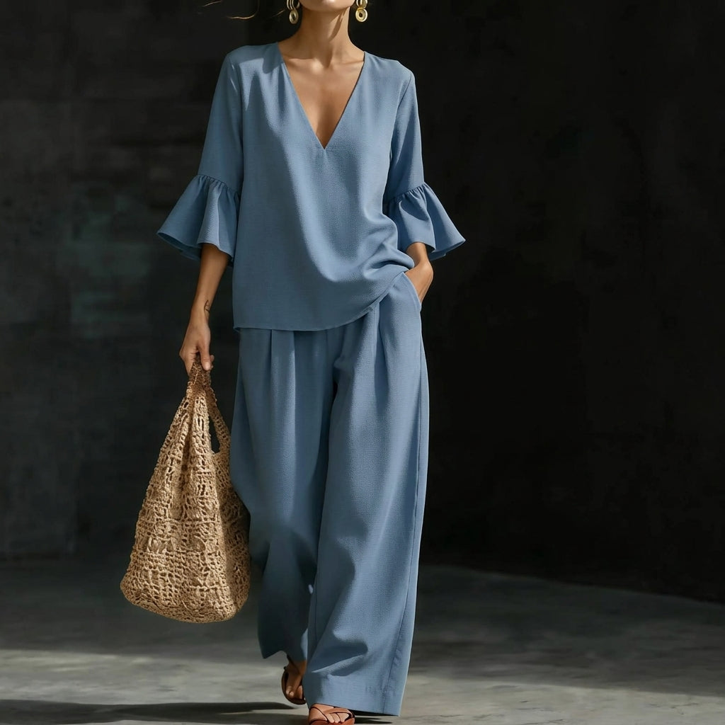 Heather – Ruffled Blouse and Wide-Leg Pants Set