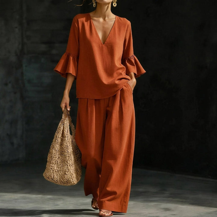 Heather – Ruffled Blouse and Wide-Leg Pants Set