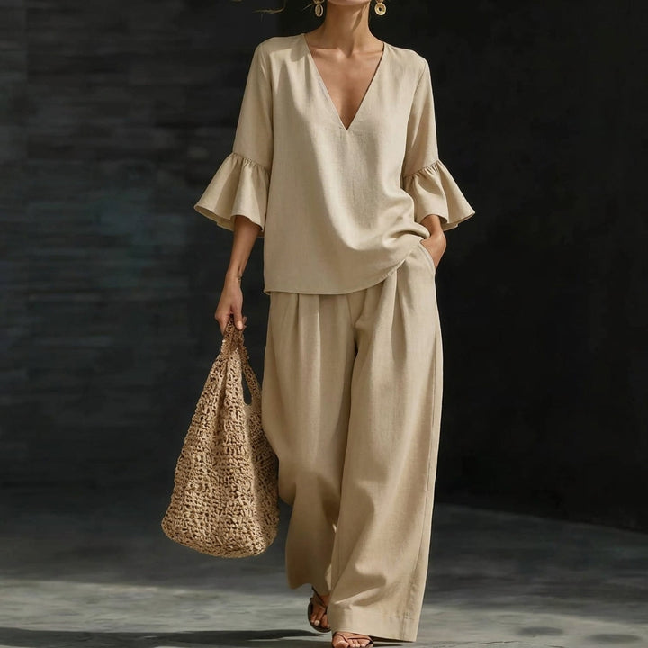 Heather – Ruffled Blouse and Wide-Leg Pants Set